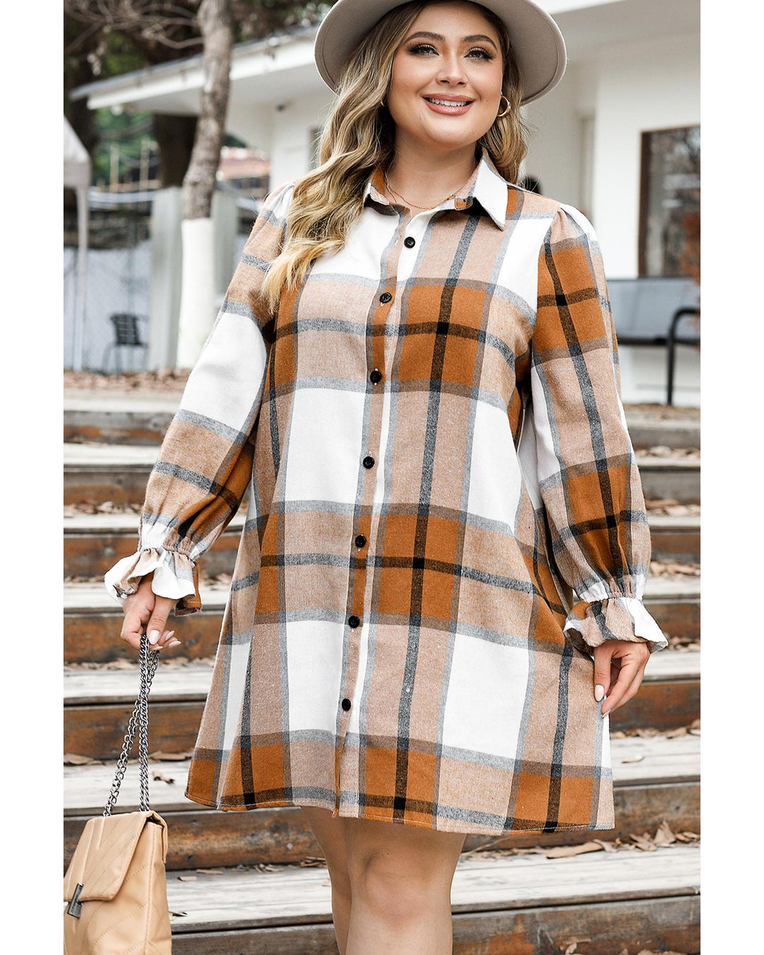 Khaki Plus Size Plaid Flounce Sleeve Button up Shirt Dress - 3X