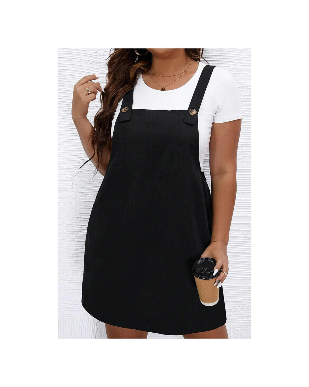 Black Solid Buttoned Straps Plus Size Overall Dress - 2X
