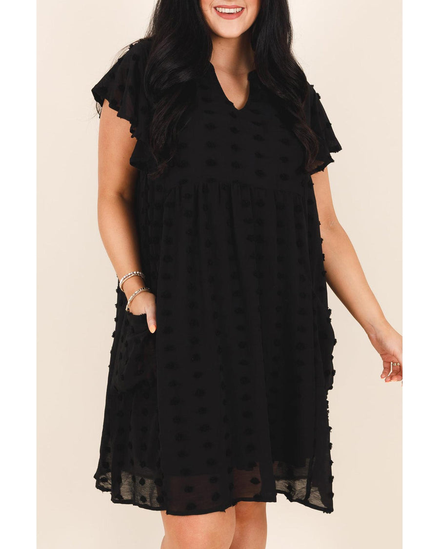 Black Dotty Textured Notched Neck Plus Ruffled Dress - 3X
