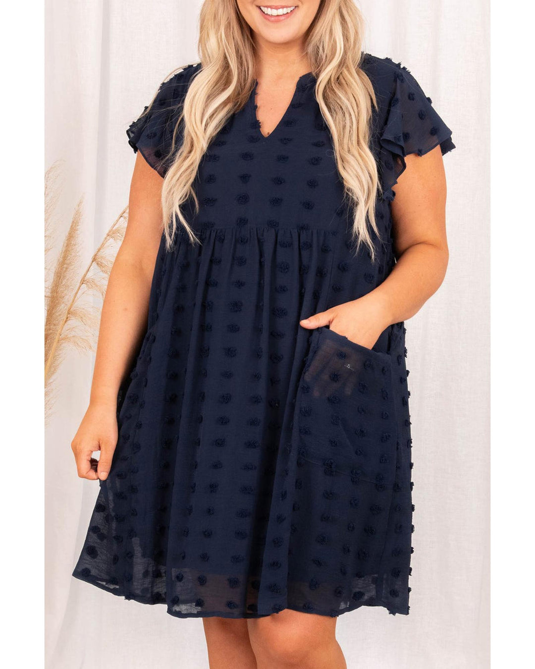 Navy Blue Dotty Textured Notched Neck Plus Ruffled Dress - 2X