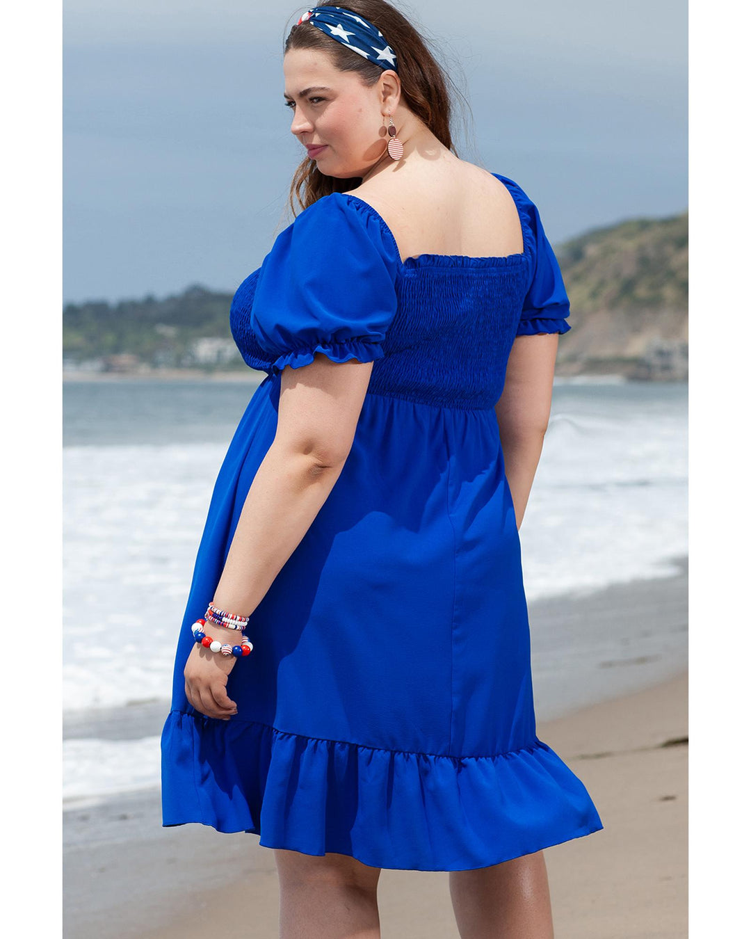 Dark Blue Shirred Ruffled Square Neck Plus Size Mini Dress - 1X