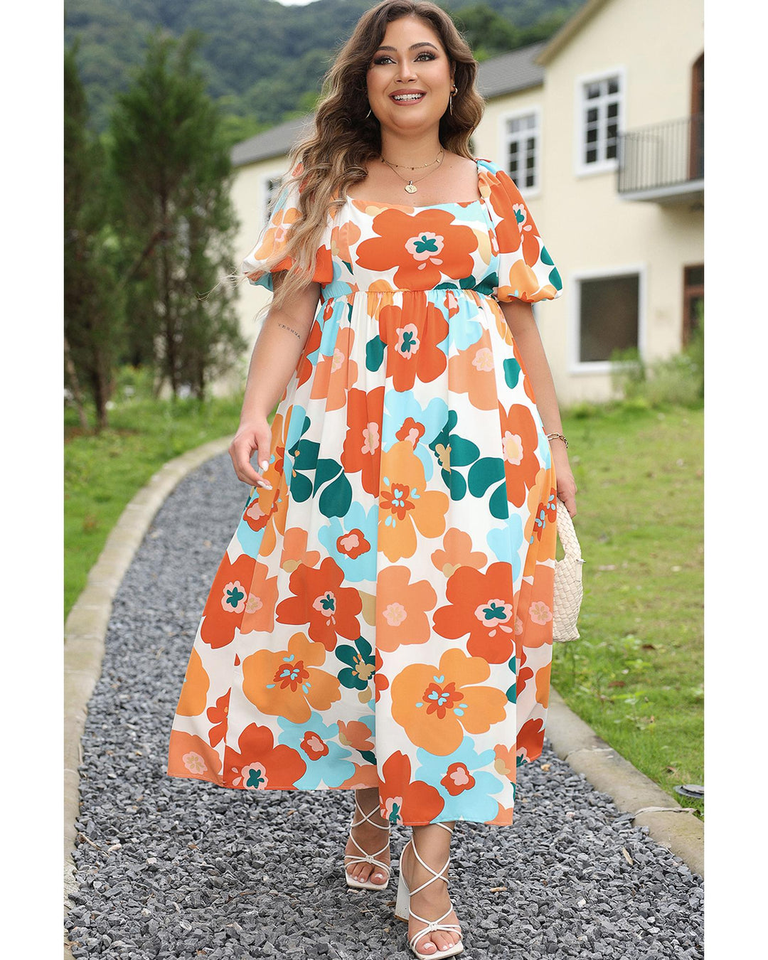 Orange Plus Size Flower Print Shirred Square Neck Maxi Dress - 2X