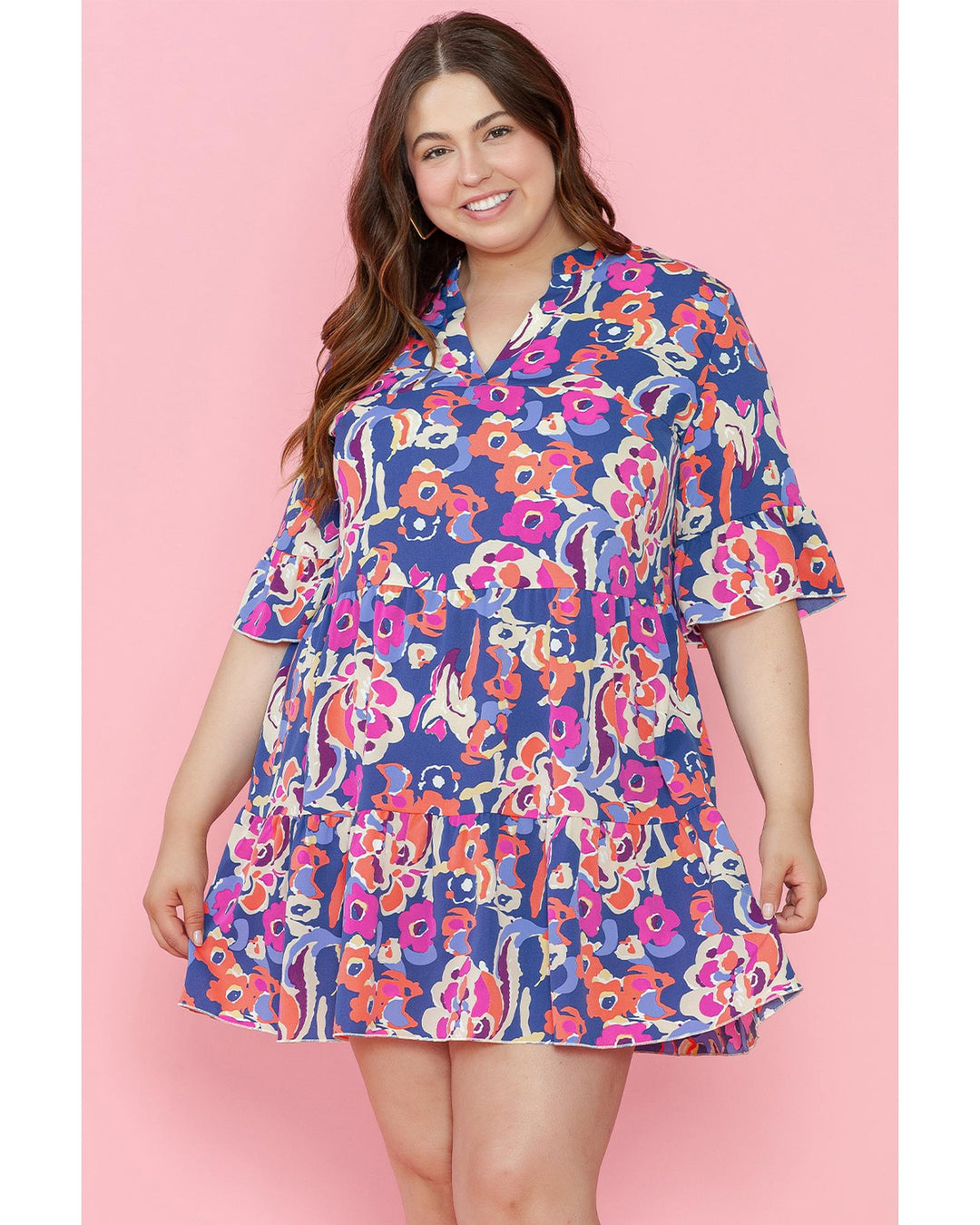 Blue Plus Size Floral Print Ruffled 3/4 Sleeve Mini Dress - 1X