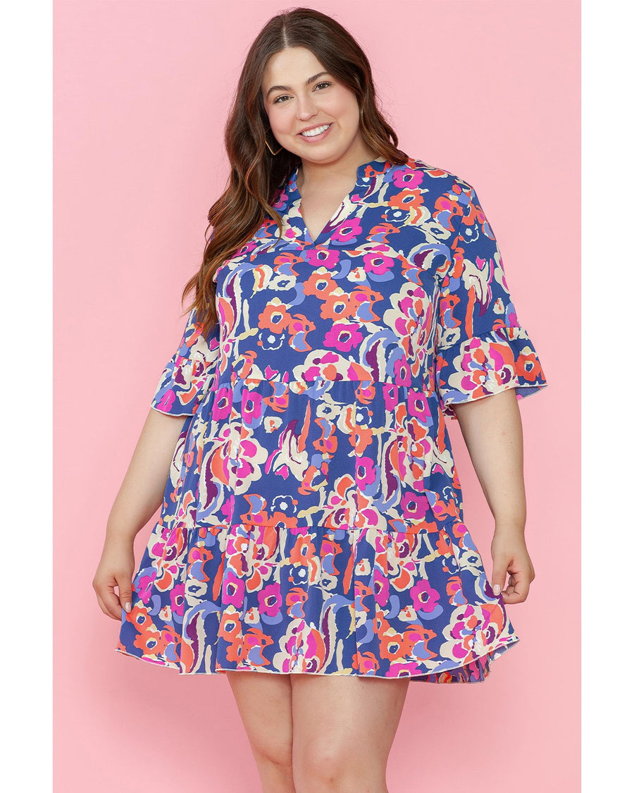 Blue Plus Size Floral Print Ruffled 3/4 Sleeve Mini Dress - 1X