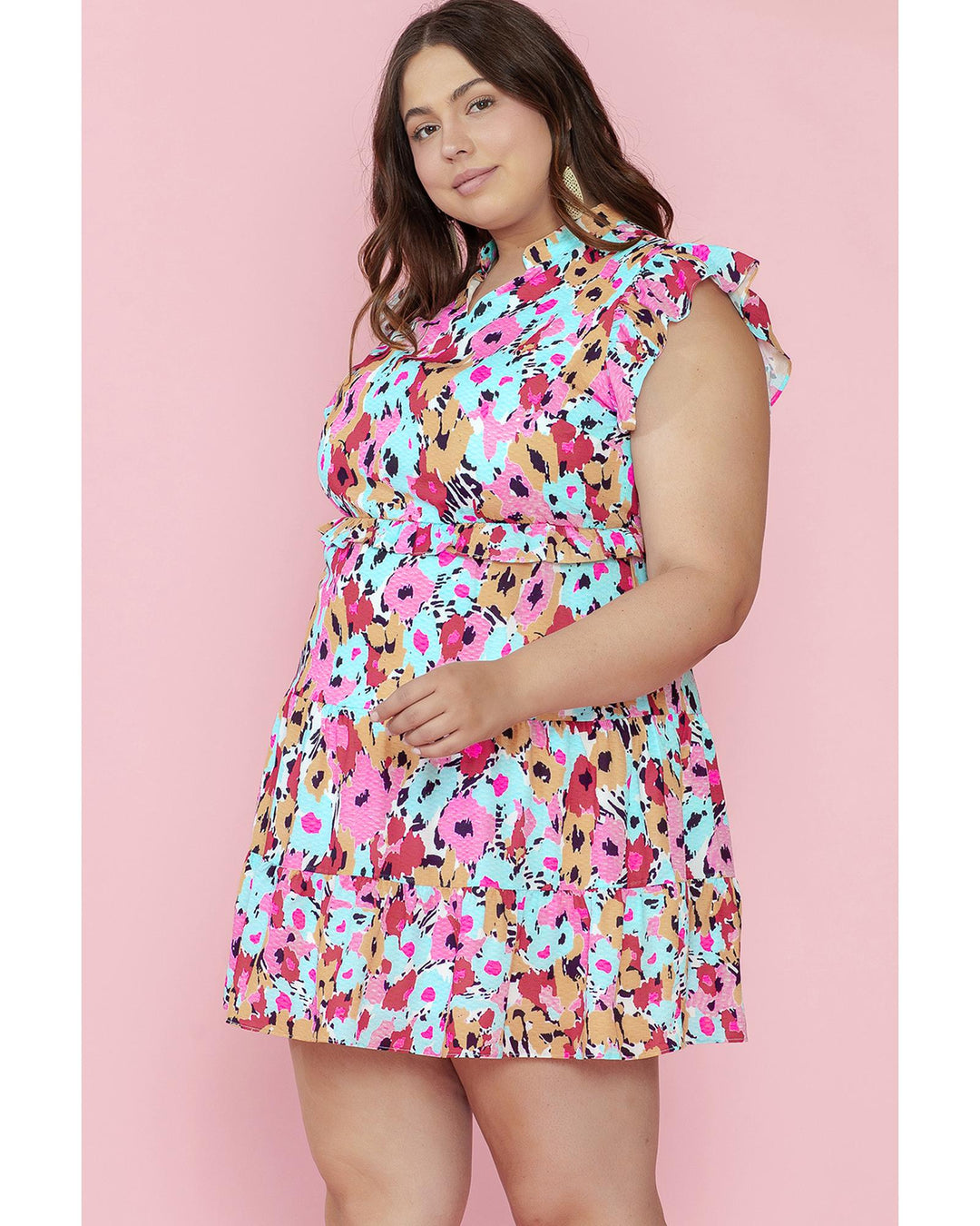 Red Floral Ruffled Cap Sleeve Plus Size Mini Dress - 3X