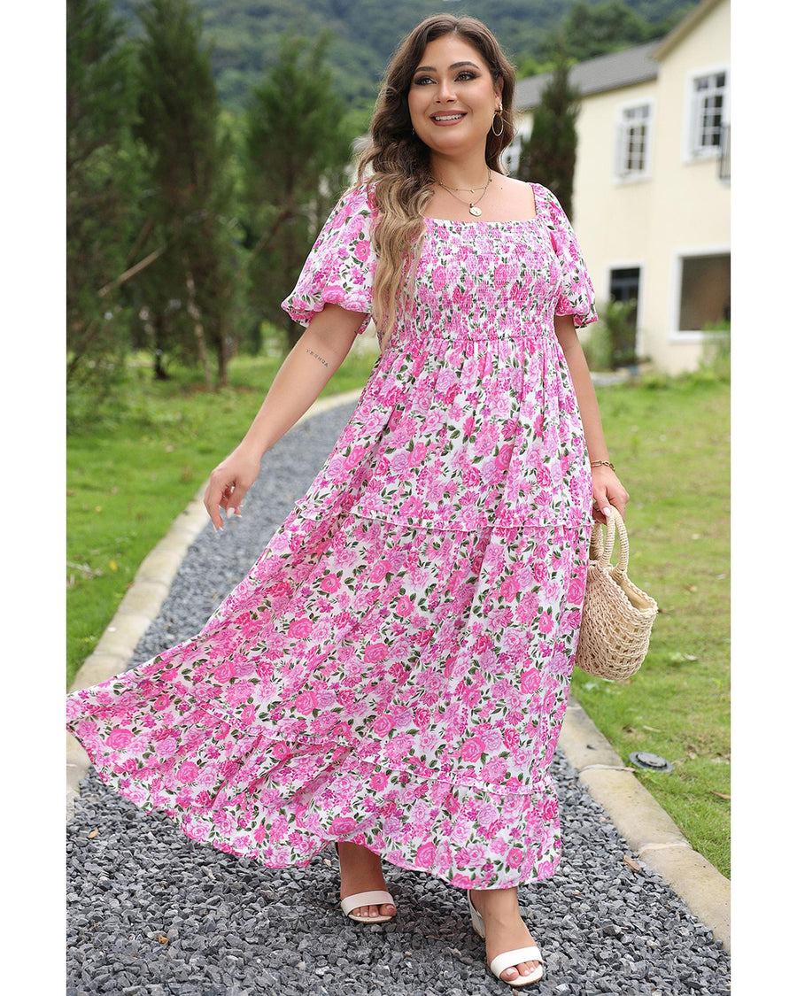 Pink Plus Size Floral Print Smocked Puff Sleeve Dress - 1X