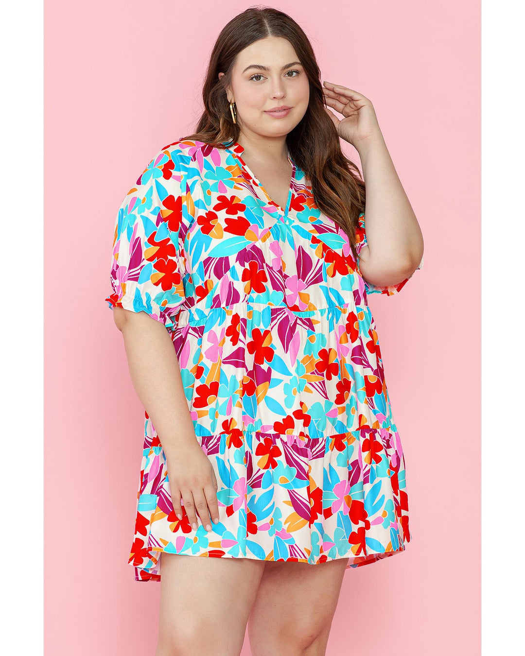Multicolour Floral Tiered V Neck Plus Dress - 2X