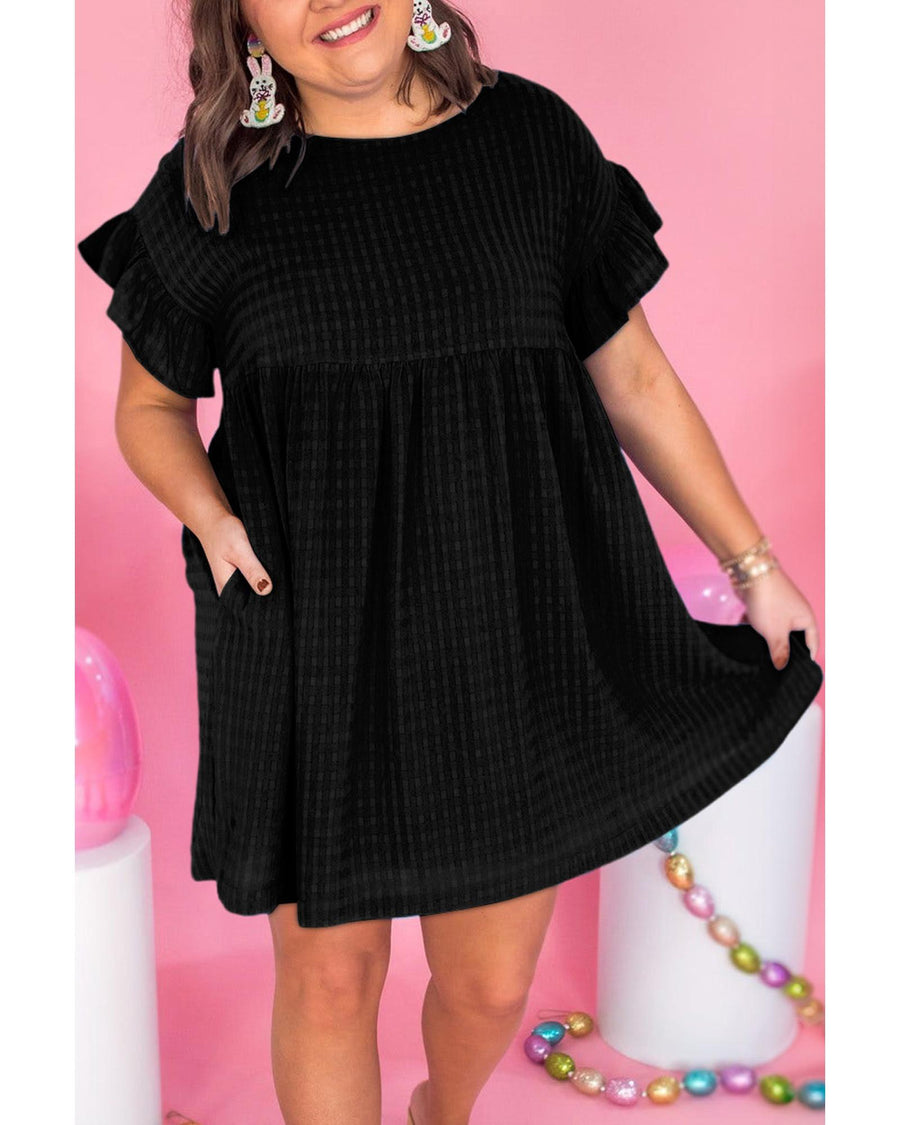 Black Textured Ruffled Sleeve Babydoll Plus Dress - 1X