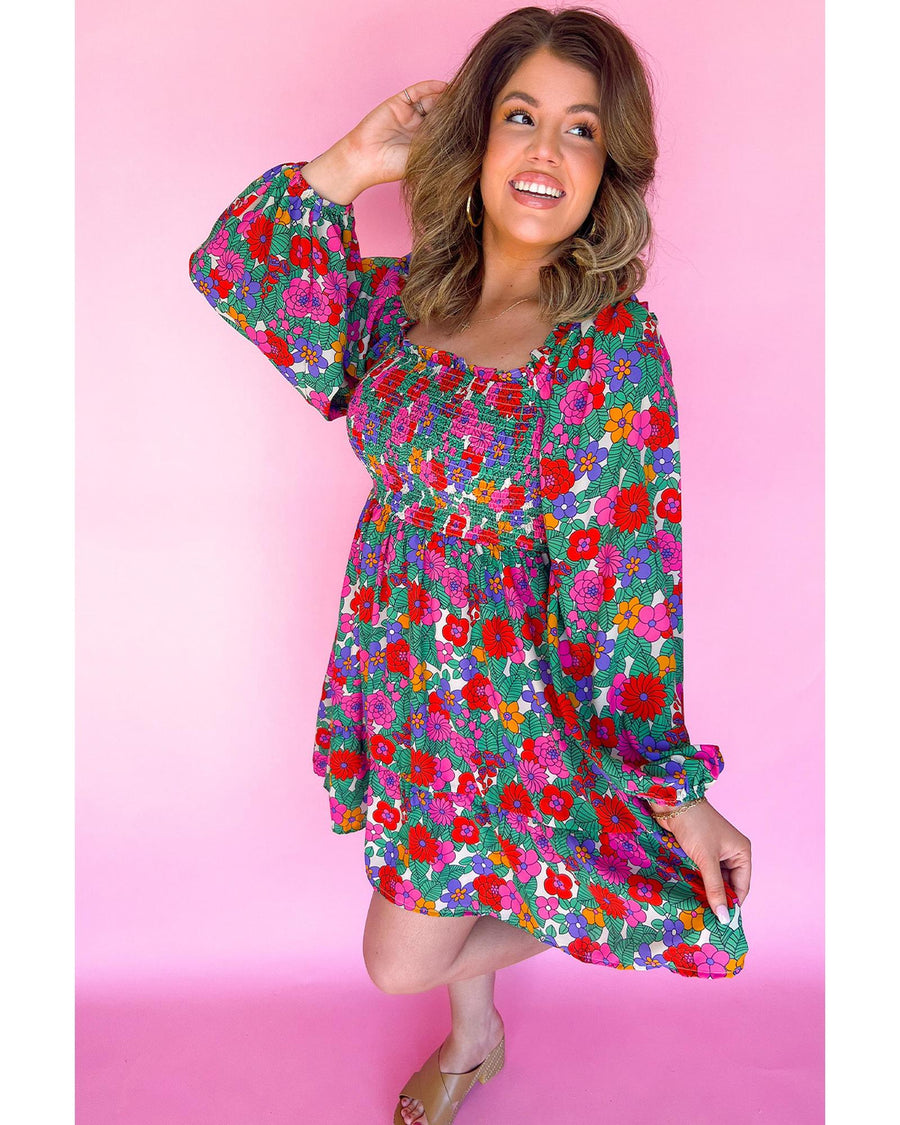White Plus Size Floral Frilled Square Neck Shirred Long Sleeve Dress - 3X