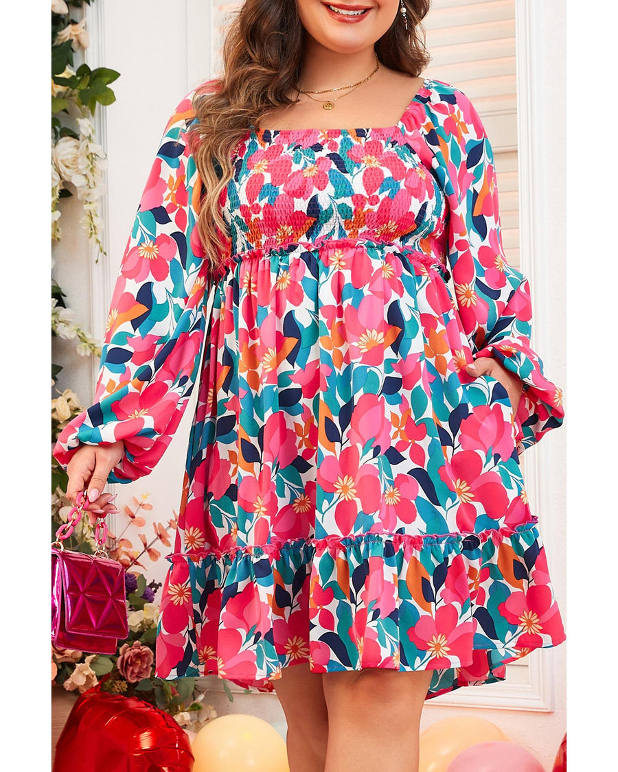 Rose Flower Print Smocked Square Neck Plus Size Dress - 2X