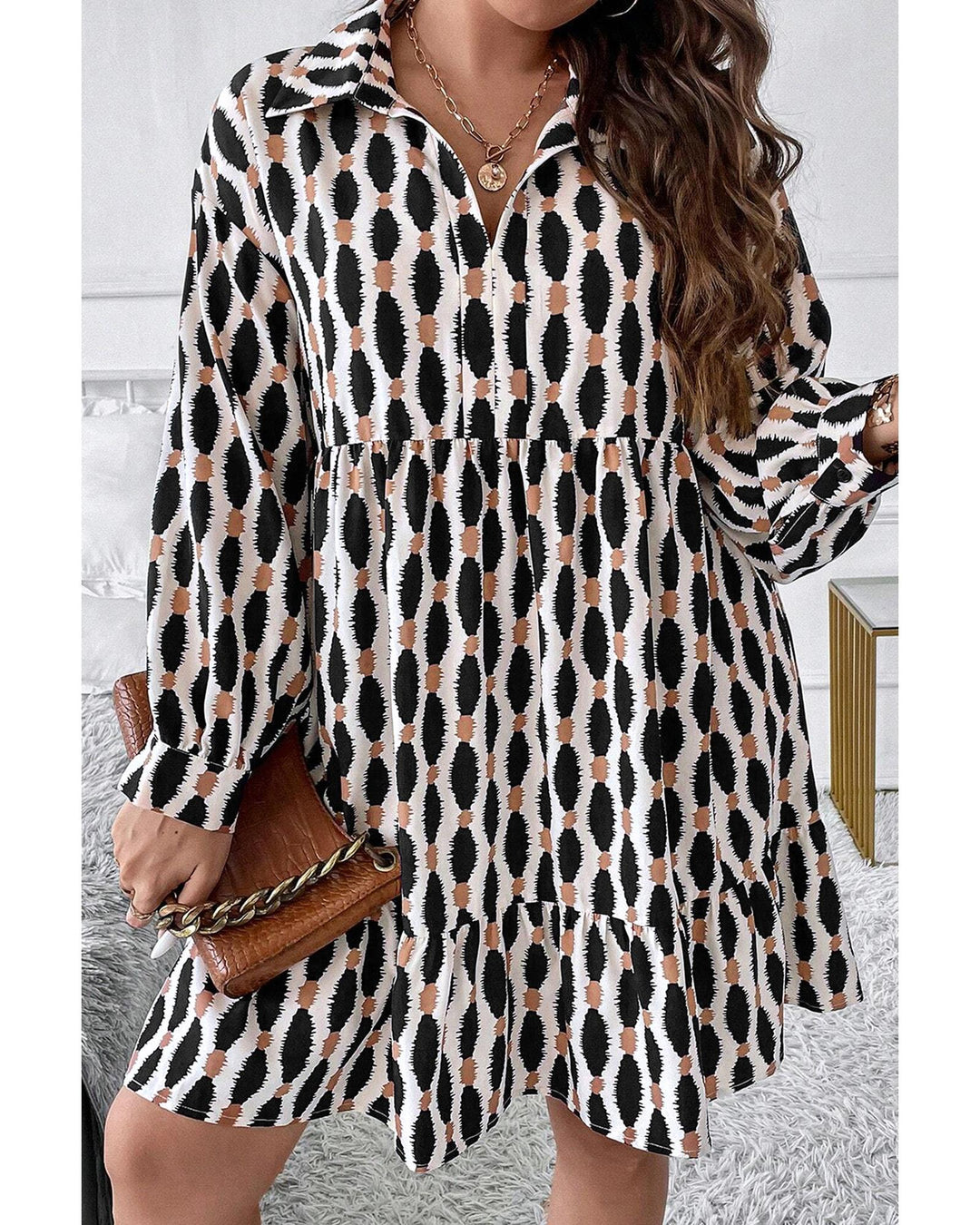 Apricot Geometric Print Collared V Neck Plus Size Mini Dress - 4X