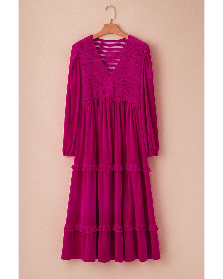 Rose Red Shirred V Neck Tiered Ruffled Velvet Plus Size Maxi Dress - 3X