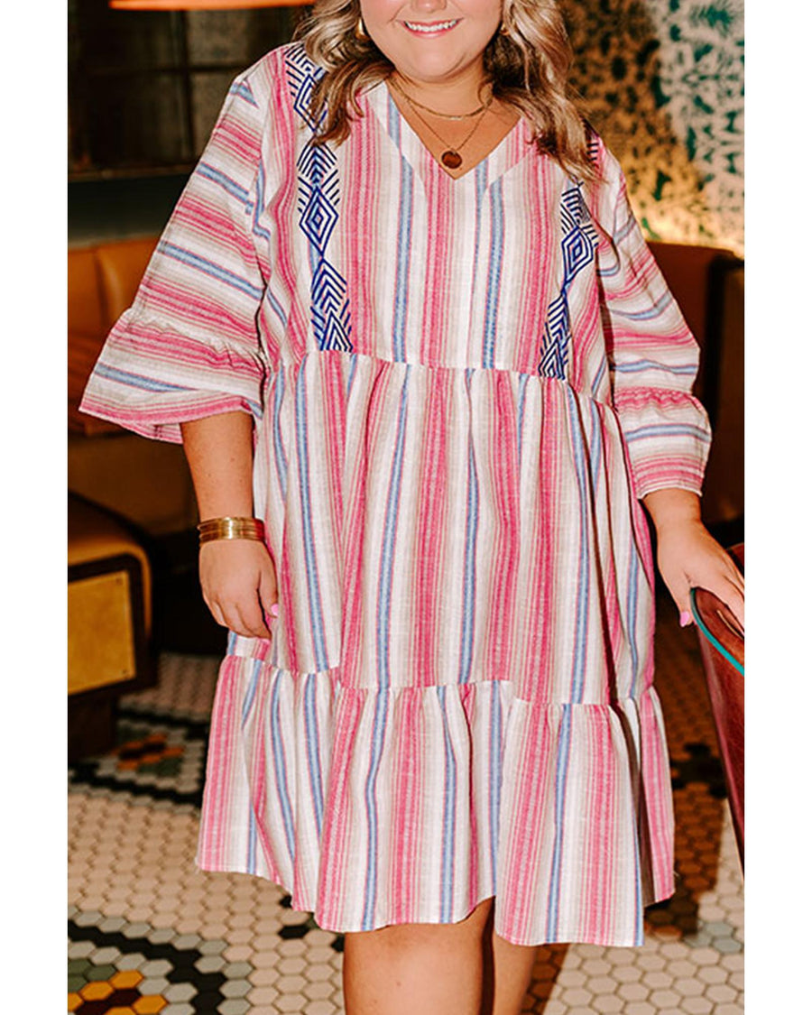 White Stripe Plus Size Embroidered Detail Flared 3/4 Sleeve V Neck Dress - 2X