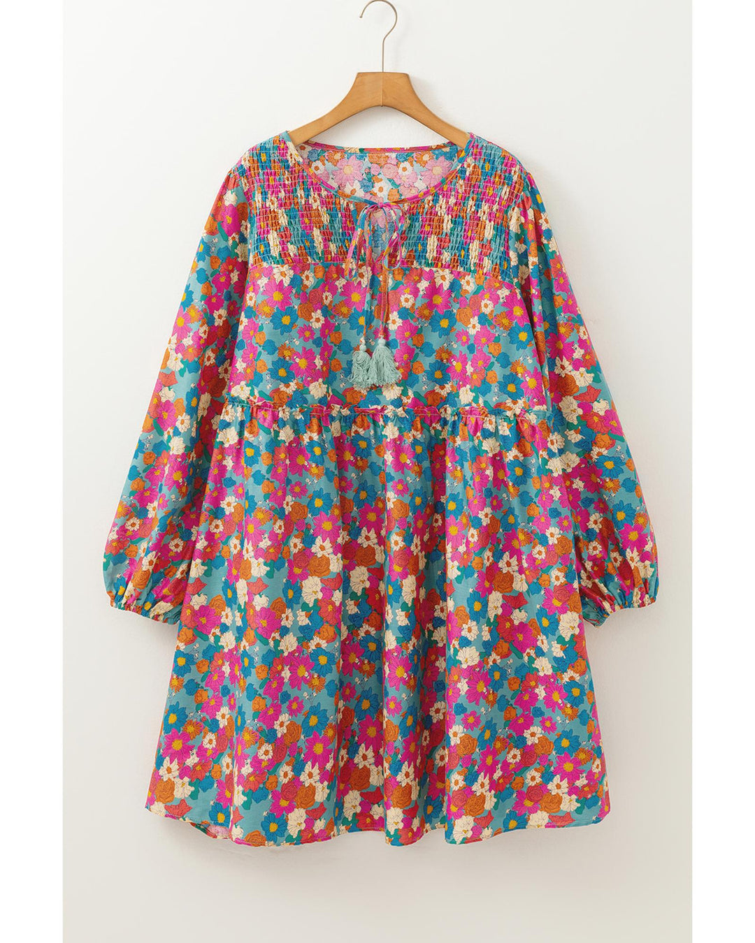 Sky Blue Plus Size Floral Print Shirred Ruffle Tiered Mini Dress - 4X