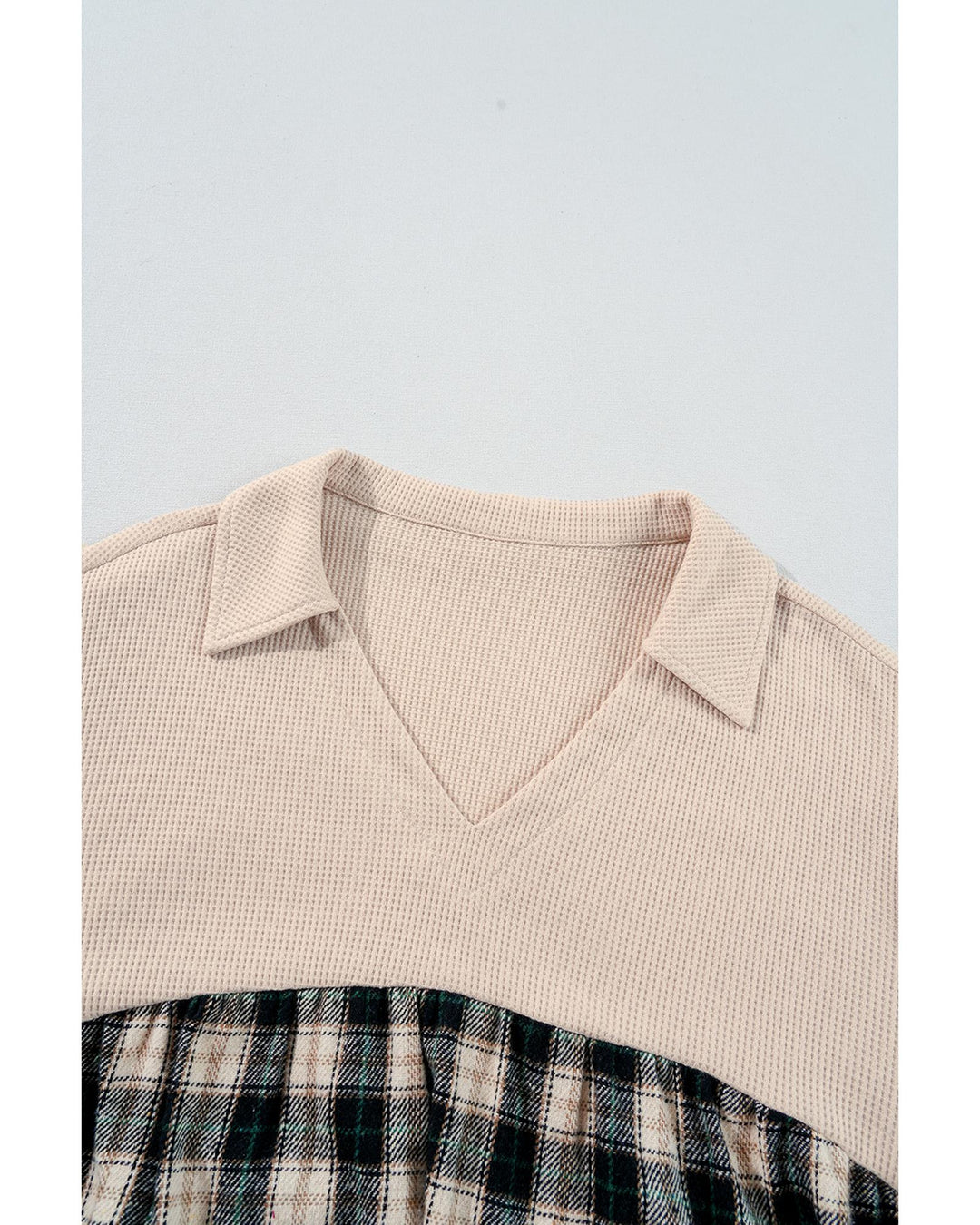 Black Plaid Waffle Knit Patchwork Collared V Neck Plus Size Mini Dress - 4X