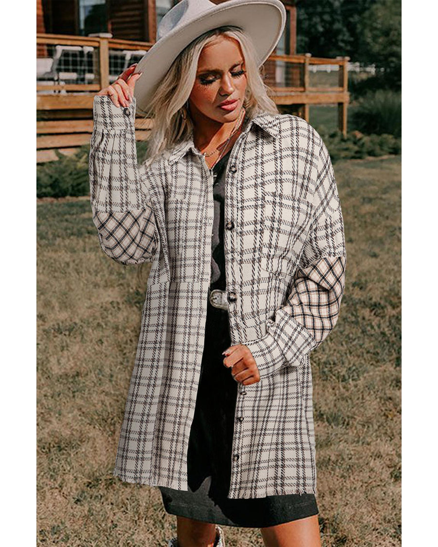 White Stripe Plus Size Plaid Buttoned Raw Hem Tunic Shirt Dress - 4X