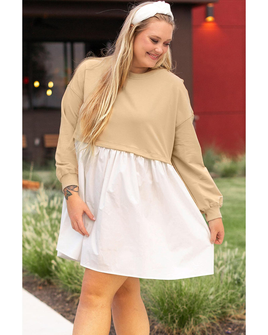 Apricot Color Block Patchwork Ruffled Plus Size Mini Dress - 1X