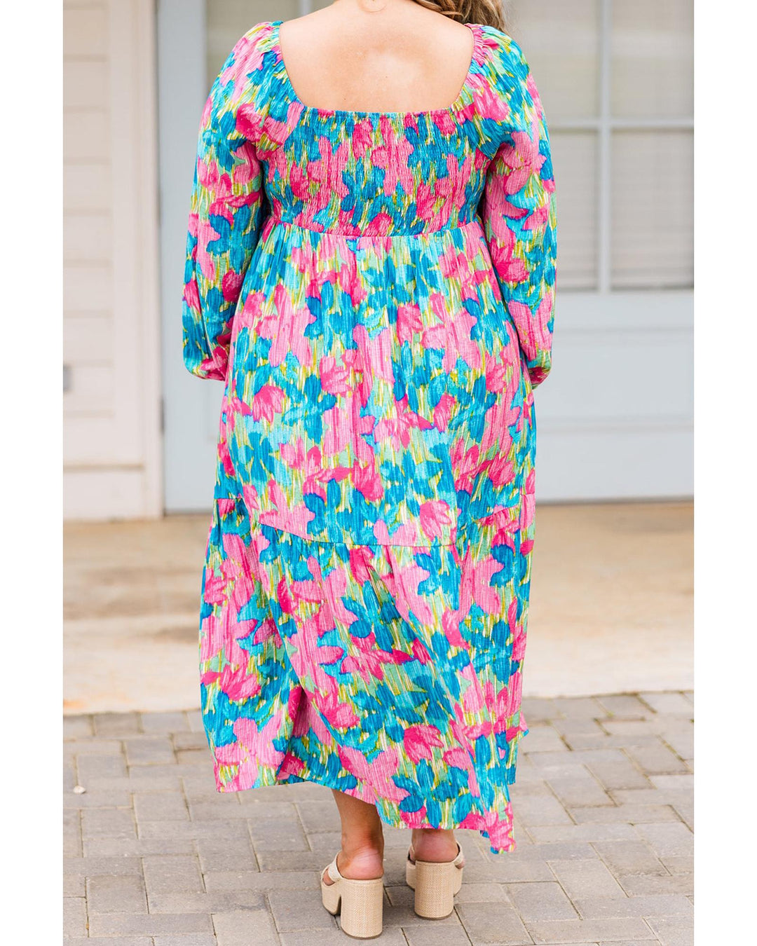 Sky Blue Floral Allover Print Shirred Square Neck Plus Size Maxi Dress - 1X