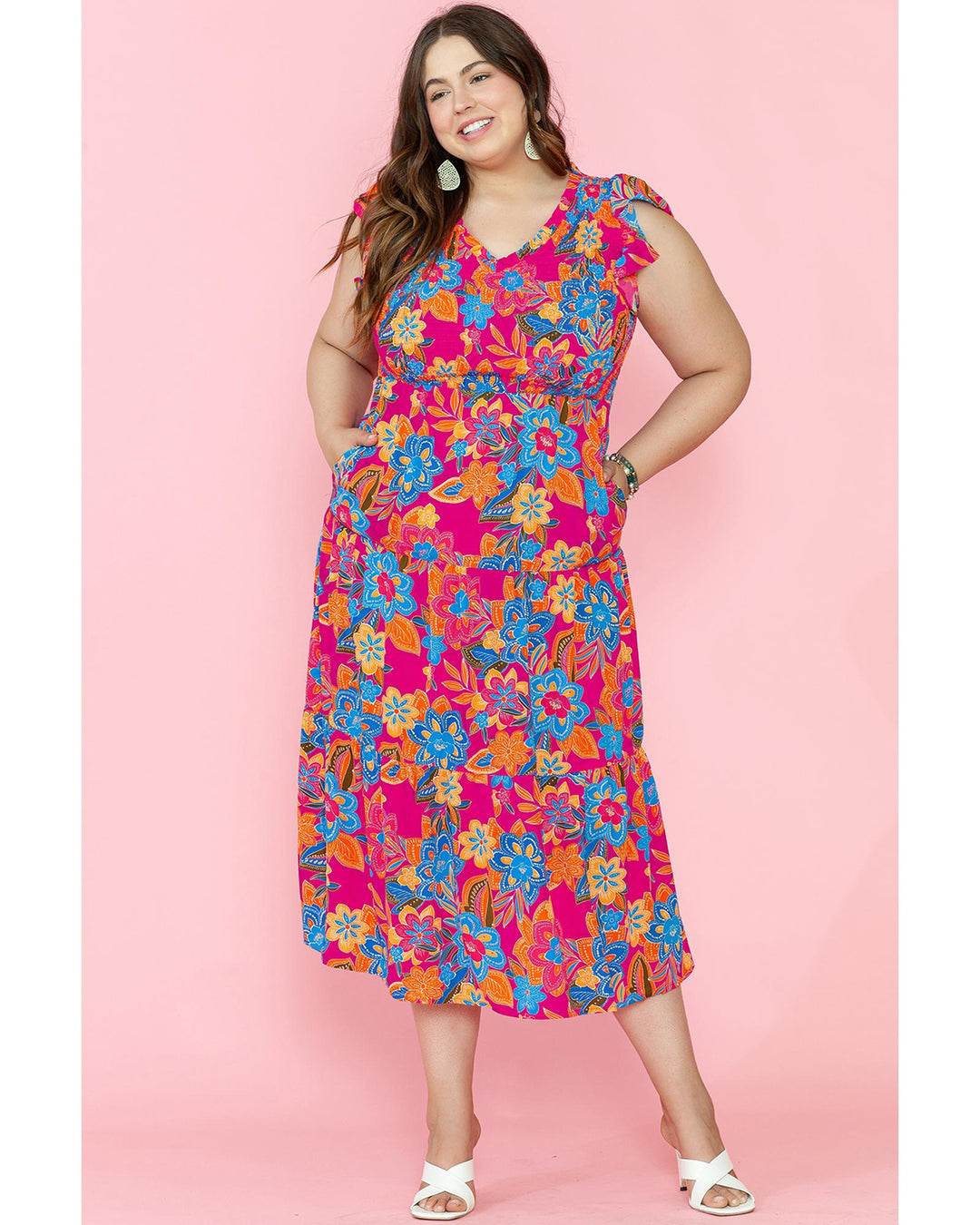 Red Floral Print Ruffled Sleeveless Plus Size Long Dress - 2X