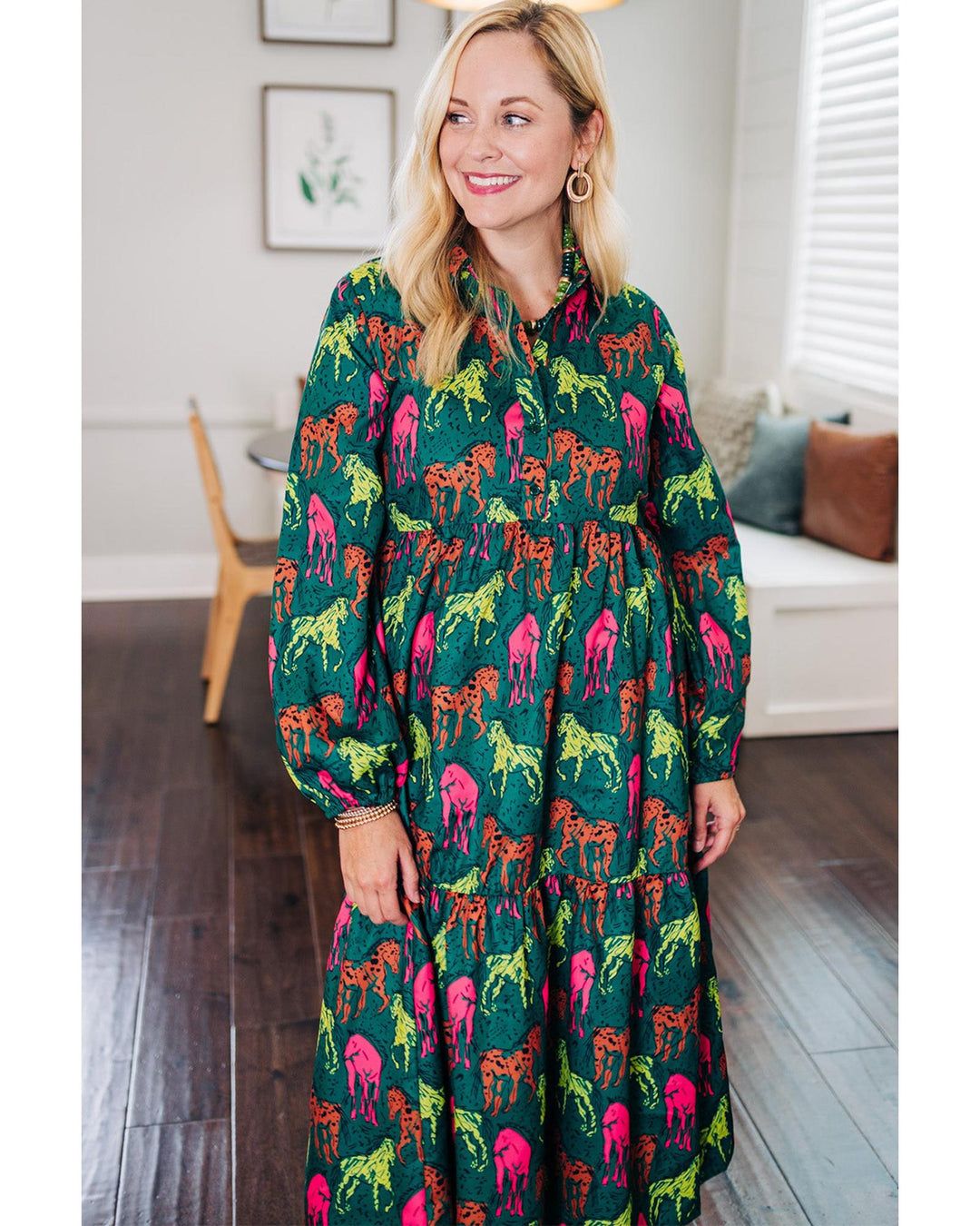 Green Horse Printed Long Sleeve Collared Buttoned Plus Size Midi Dress - 3X