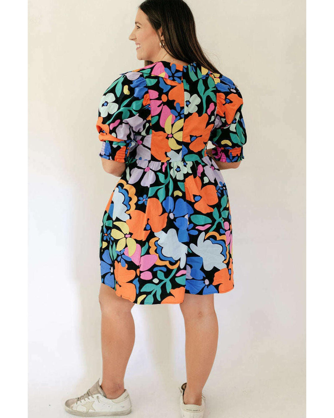 Blue Split Neck Collared Plus Floral Dress - 1X