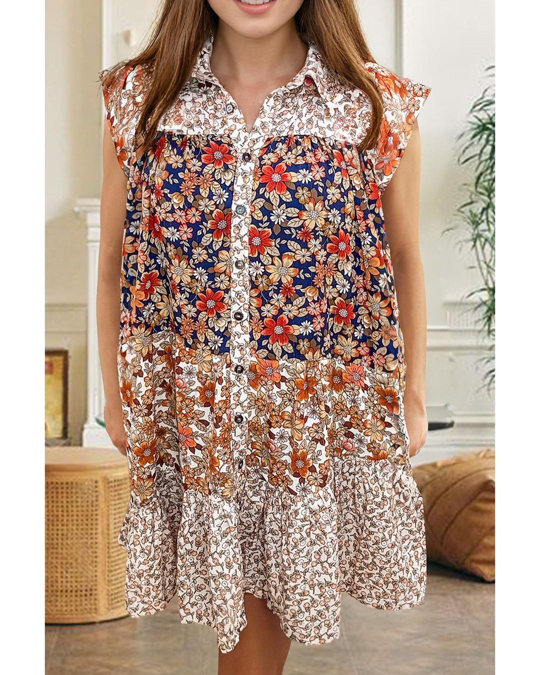 Beige Plus Size Floral Patchwork Button Front Collared Mini Dress - 3X