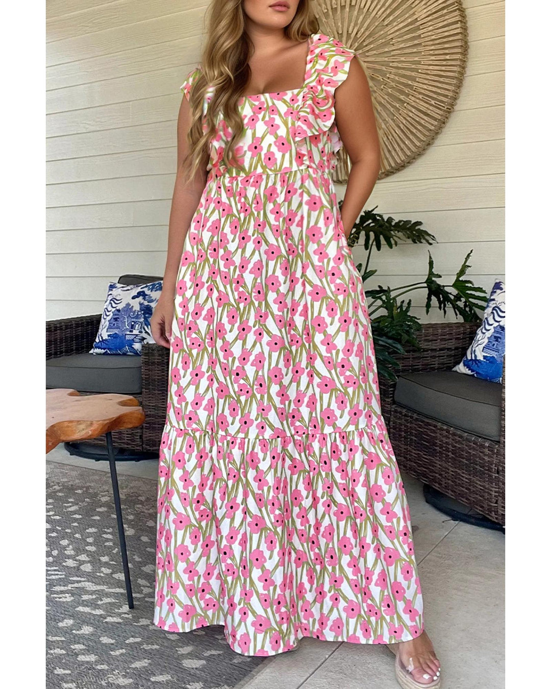 Pink Plus Size Ruffle Trim Square Neck High Waist Floral Maxi Dress - 3X