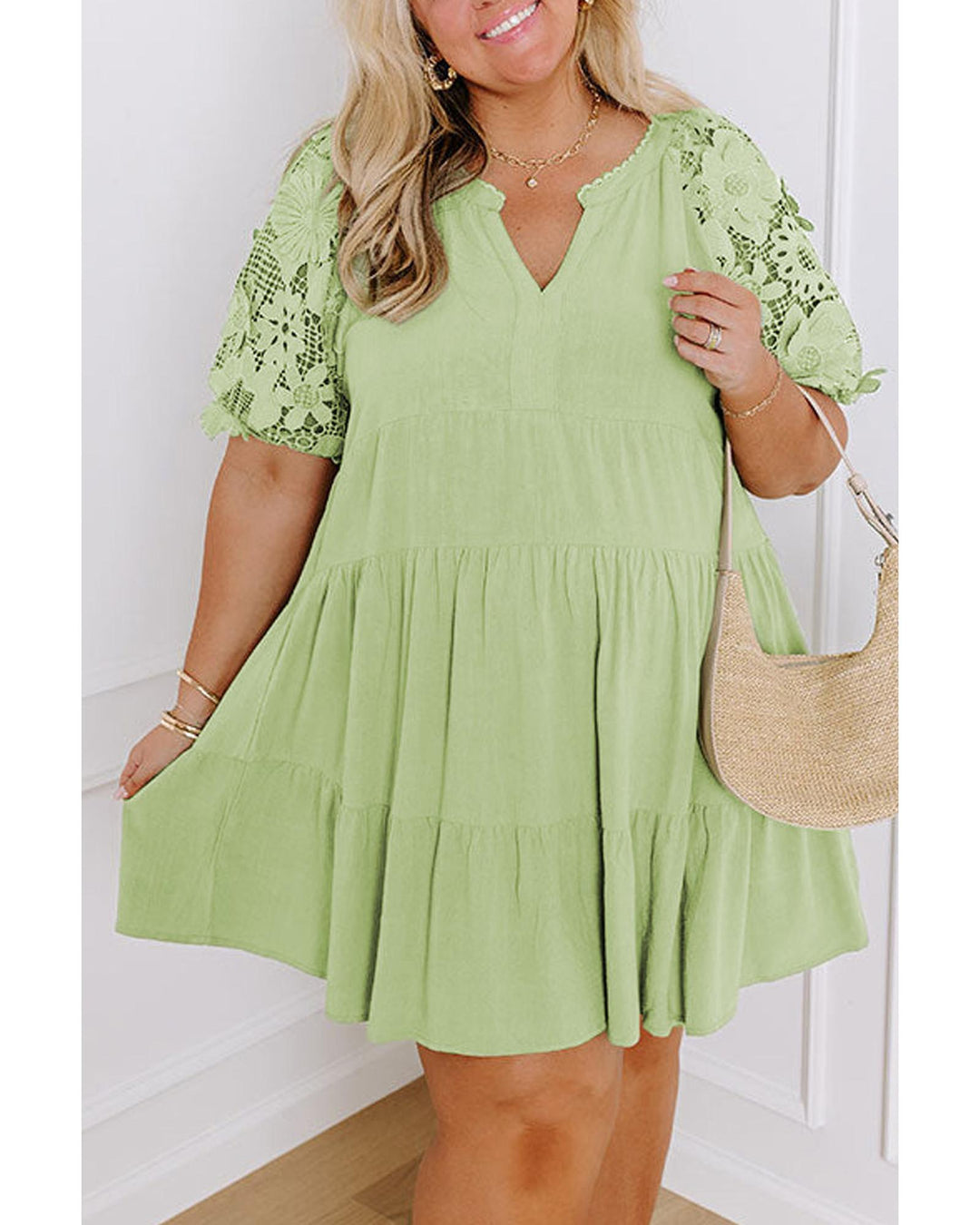 Laurel Green Floral Crochet Short Sleeve Notch V Neck Tiered Plus Size Mini Dress - 2X