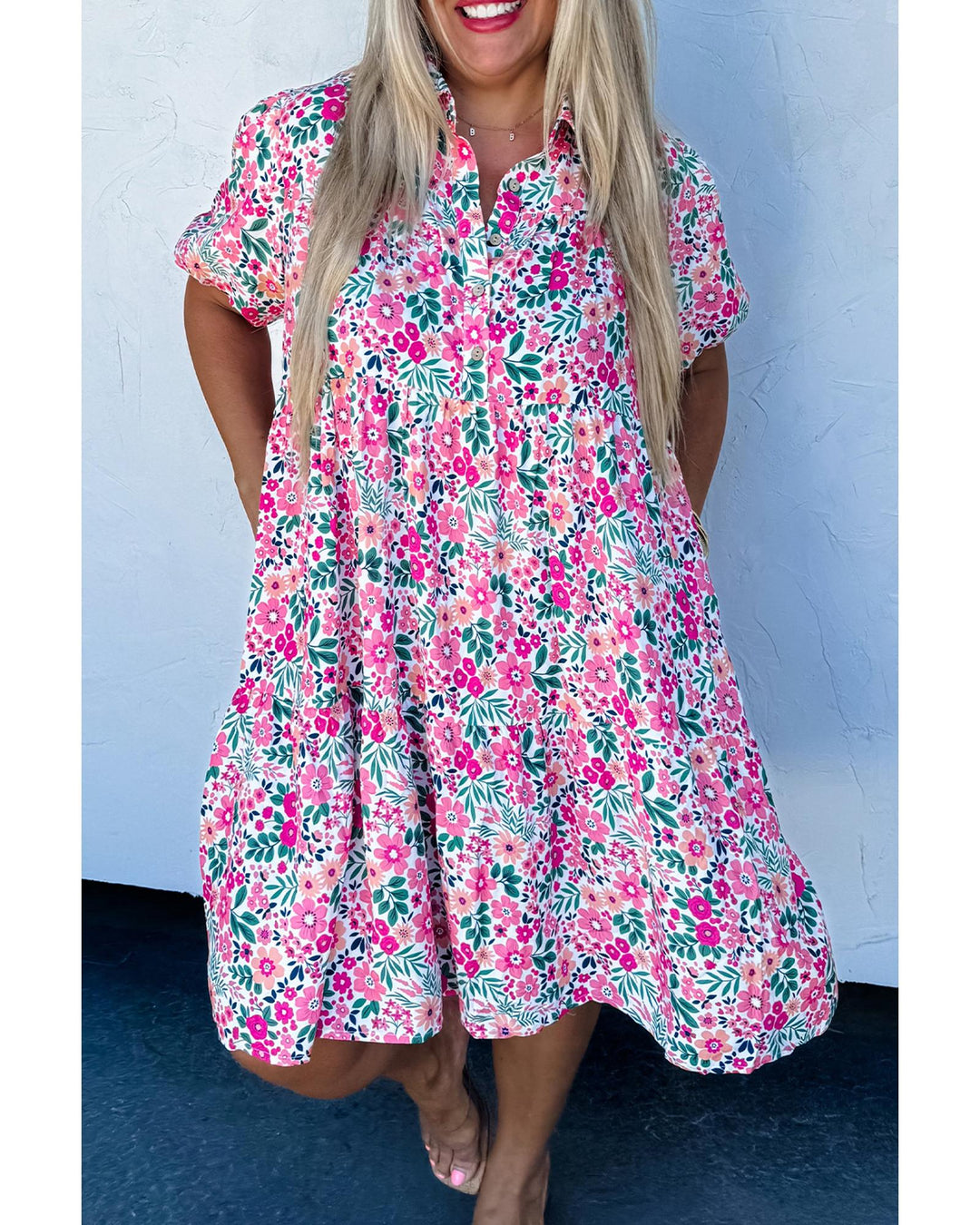 Pink Plus Size Floral Half Button Short Puff Sleeve A-line Dress - 1X