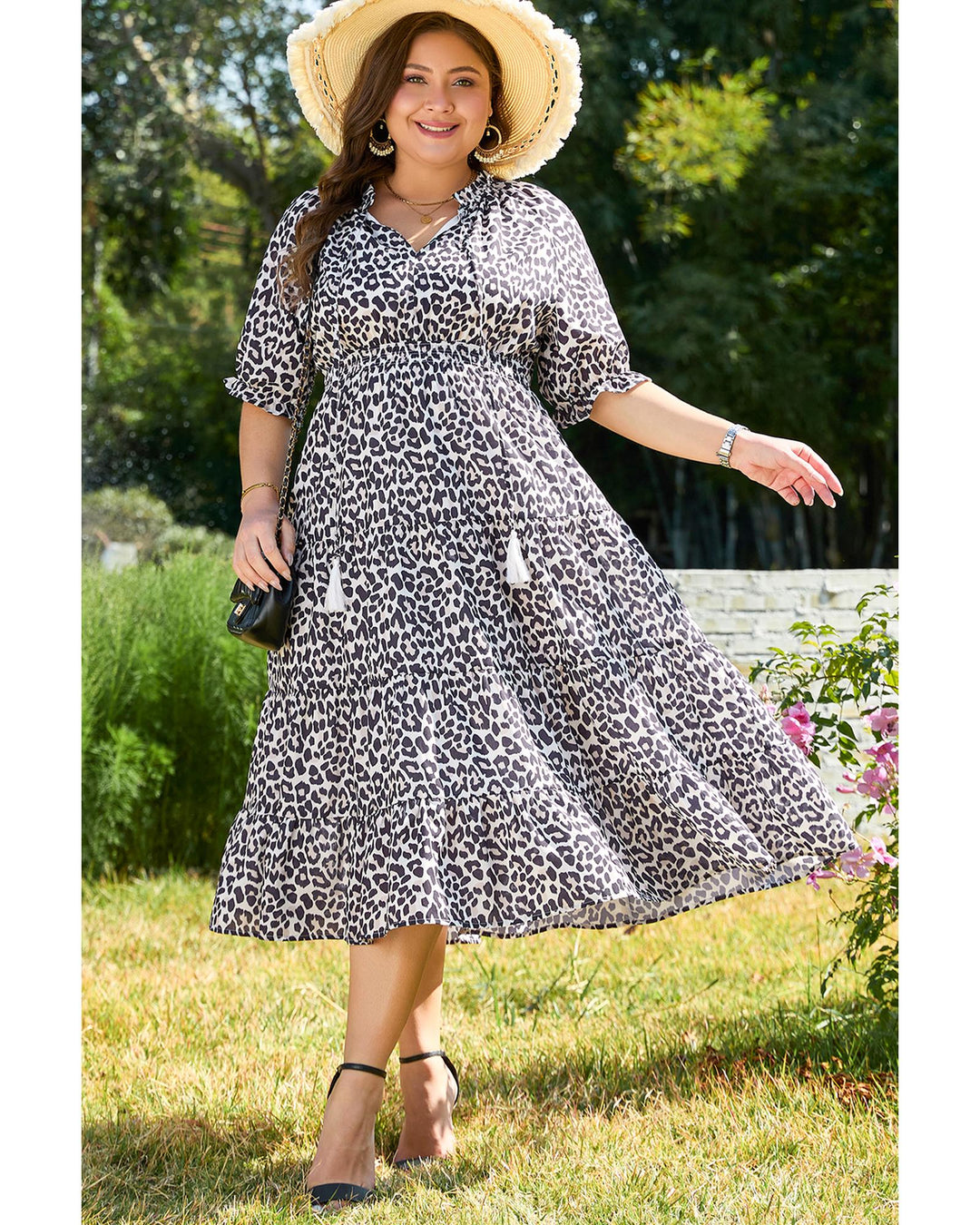 Brown Leopard Tassel Tied Neck Short Sleeve Plus Size Dress - 4X