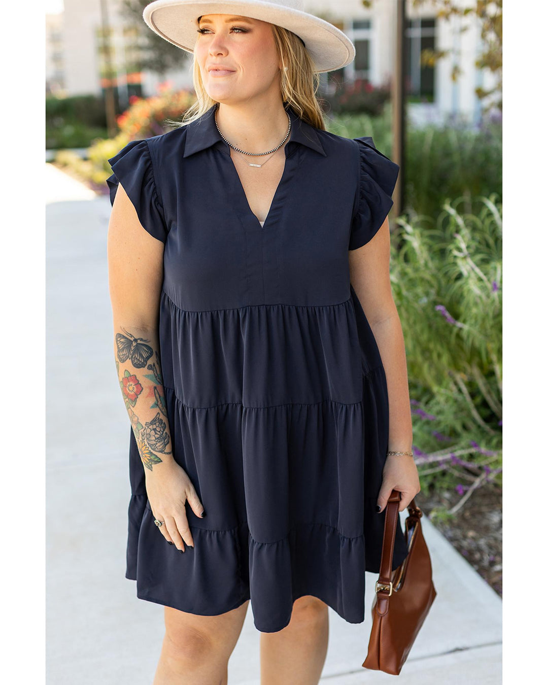 Navy Blue Collared V Neck Flutter Sleeve Tiered Plus Size Dress - 3X