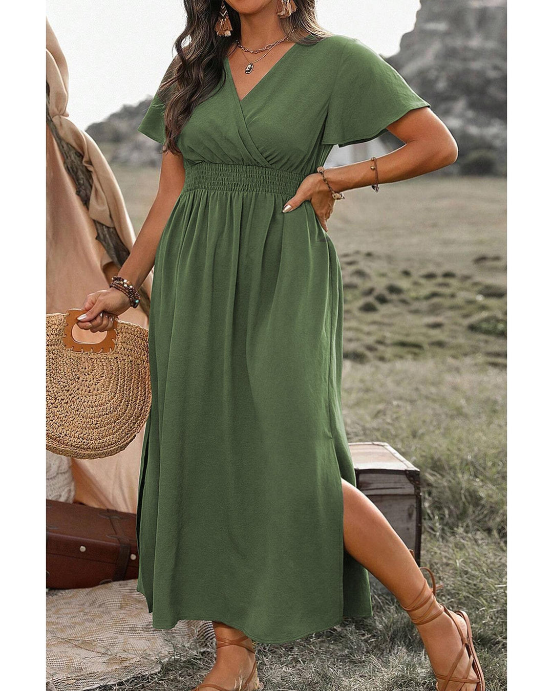 Four Leaf Clover Surplice Neckline Shirred High Waist Plus Size Maxi Dress - 1X