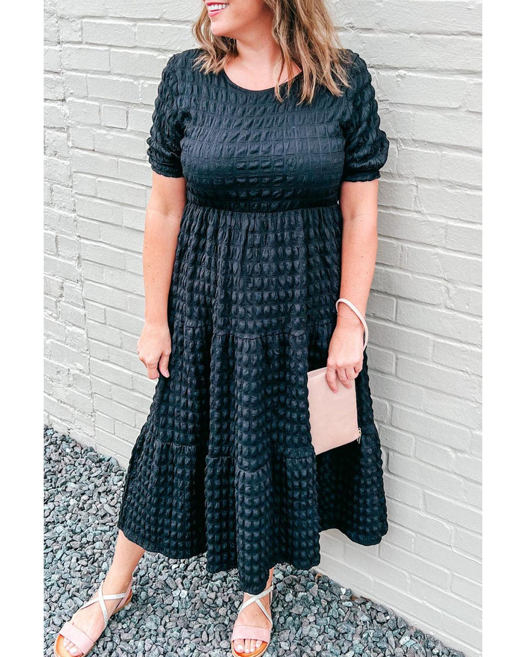 Black Plus Size Textured Tiered Short Sleeve Maxi Dress - 3X