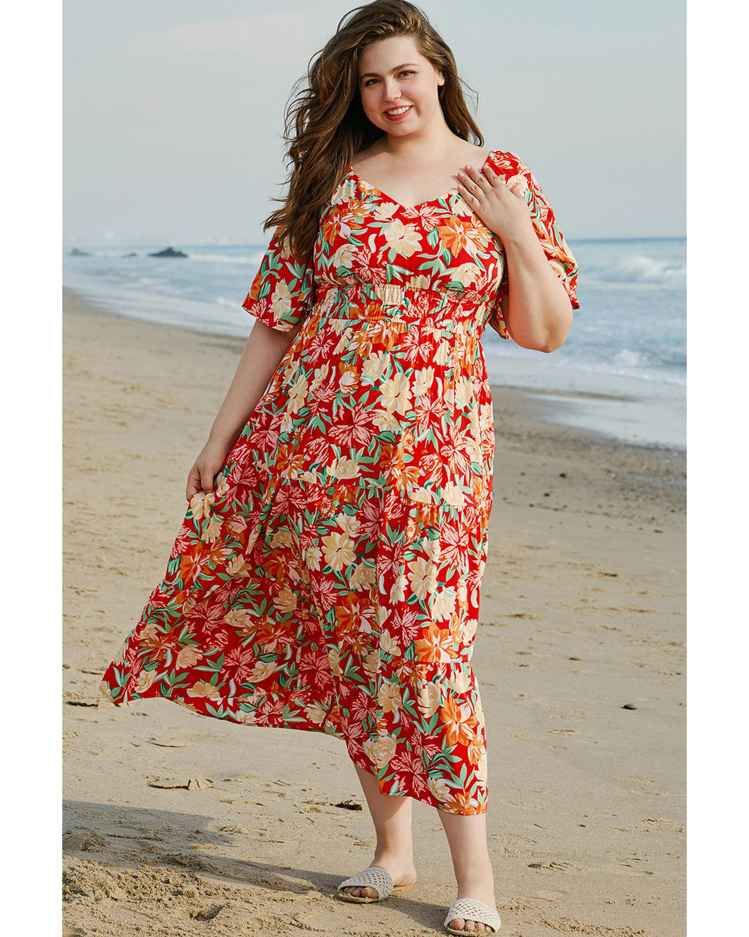 Orange Floral V Neck Flutter Sleeve Cinched Waist Long Plus Size Dress - 3X