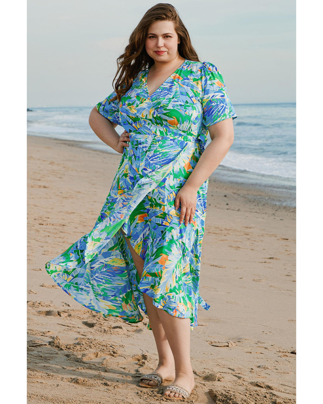 Green Leaves Print Short Sleeve Surplice Neck Ruffled Trim Plus Size Maxi Dress - 4X