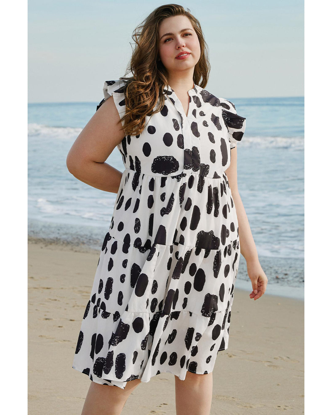 White Polka Dot Print Ruffled Sleeve Pocketed Plus Size Midi Dress - 1X