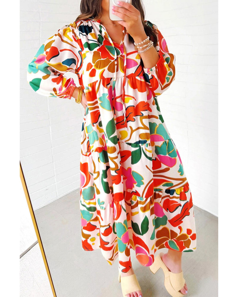 Orange Floral Print Drawstring V Neck Tiered Plus Size Dress - 4X