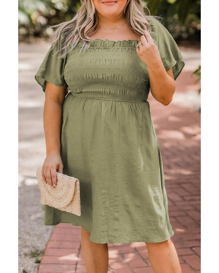 Grass Green Frilly Square Neck Flutter Sleeve Smocked High Waist Plus Size Dress - 2X