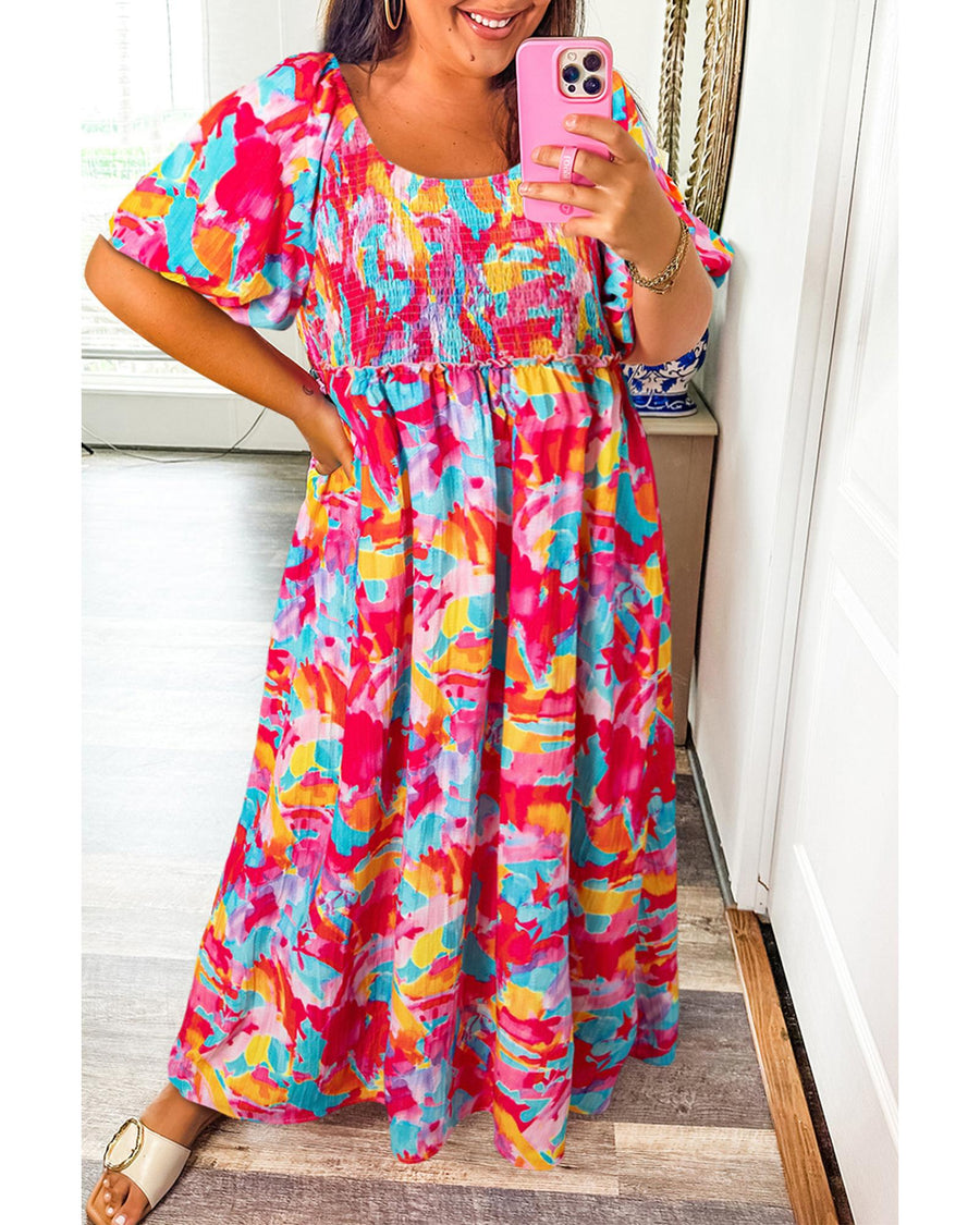 Rose Abstract Printed Puff Sleeve Square Neck Smocked Bust Tied Back Plus Size Dress - 1X