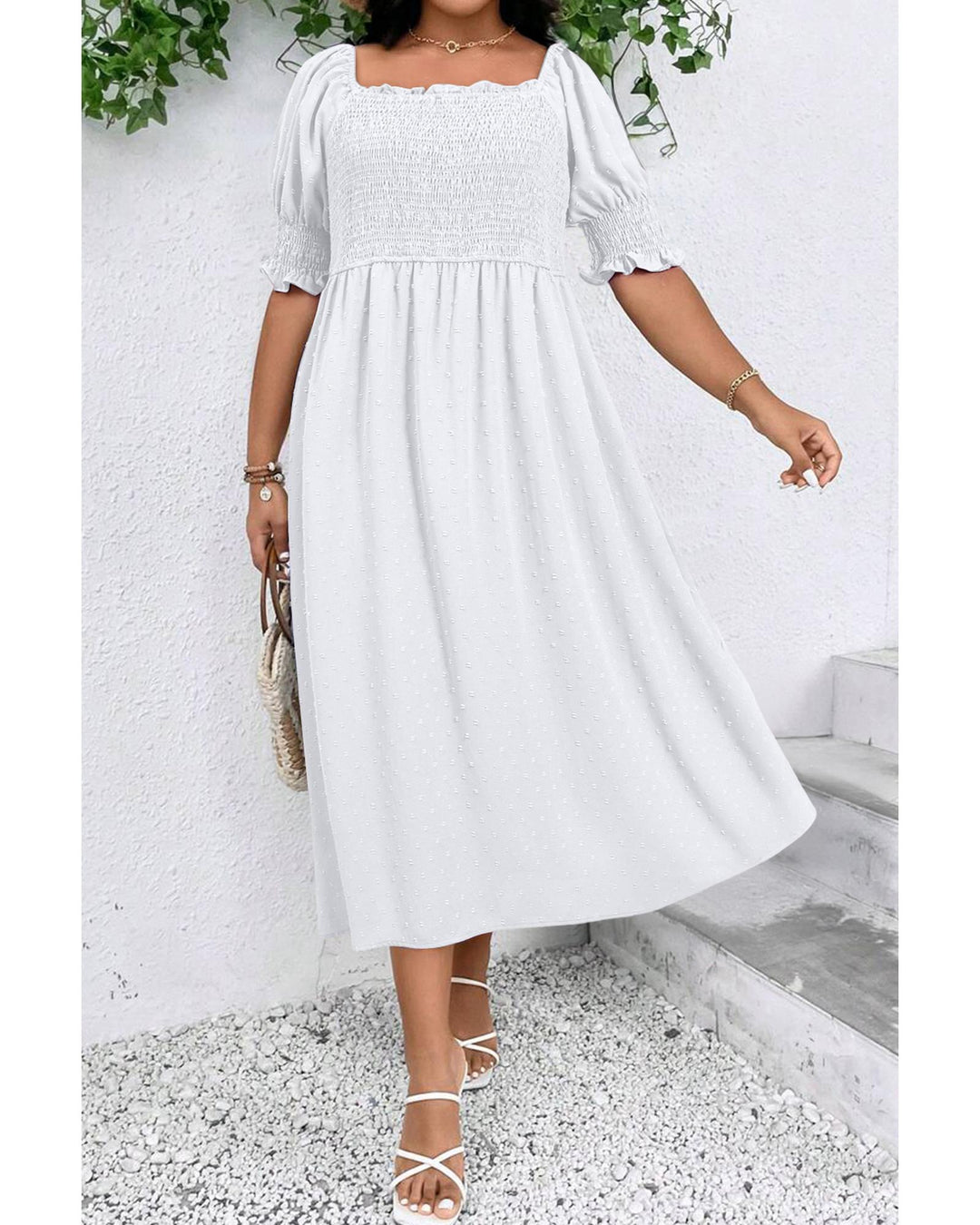 White Swiss Dot Smocked Frilled Neckline Short Sleeve Plus Size Dress - 3X