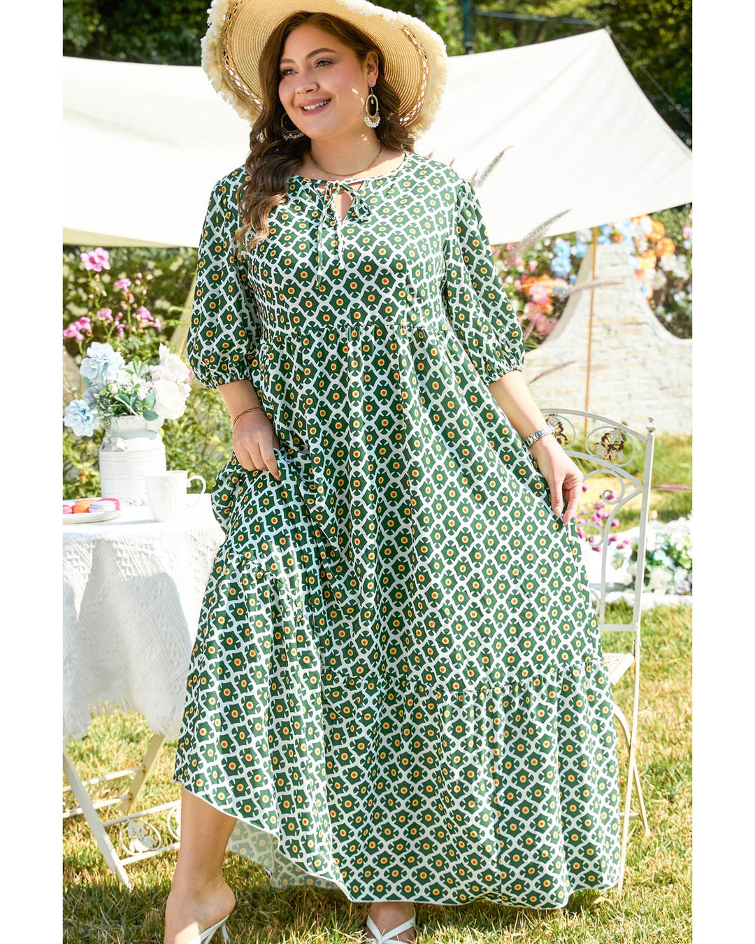 Green Geometric Floral Print Half Sleeve Plus Size Maxi Dress - 2X