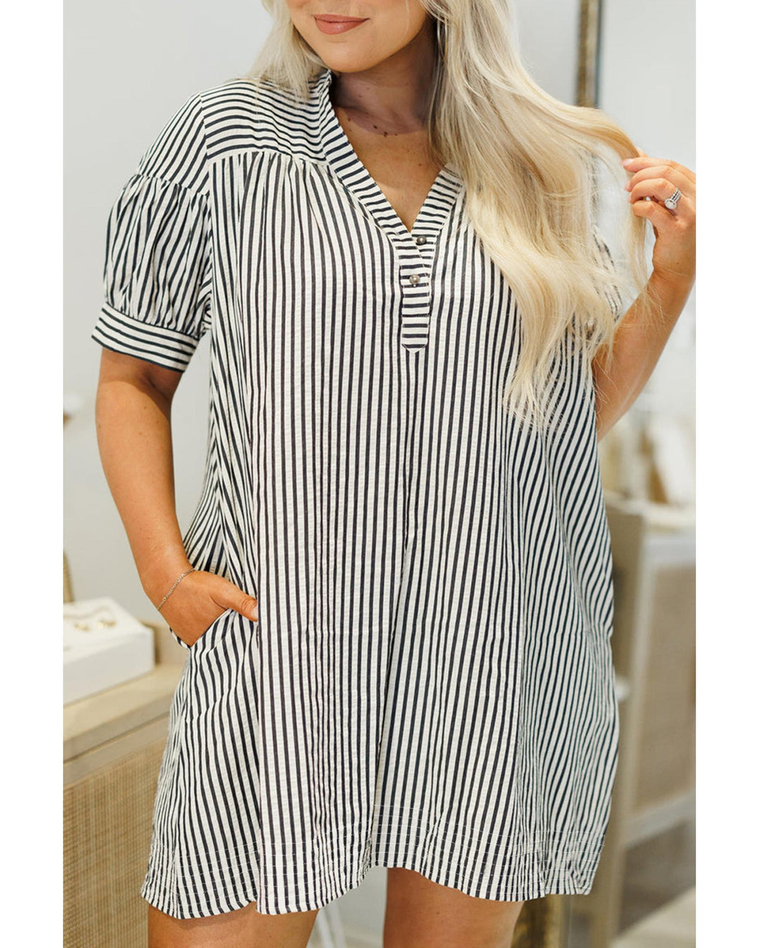 Black Stripe Short Sleeve Buttoned V Neck Pocketed Plus Size Mini Dress - 4X