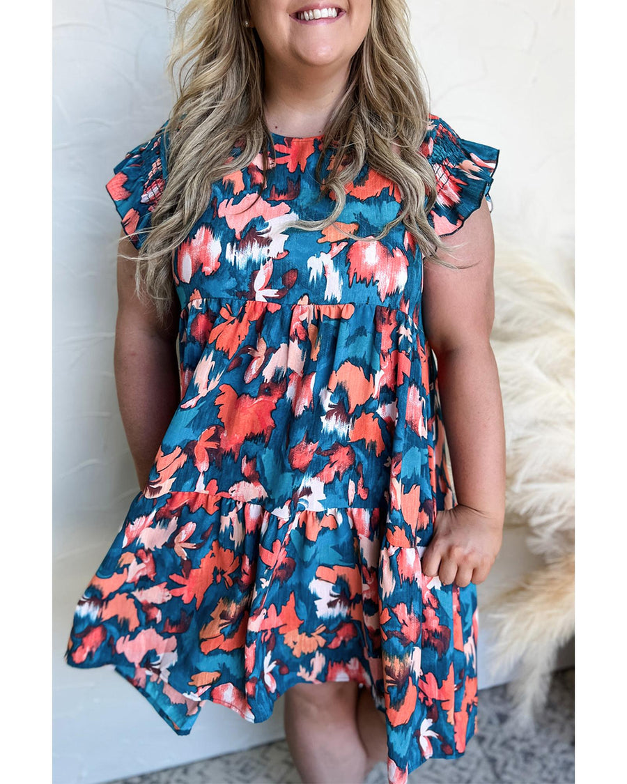 Blue Abstract Print Shirred Ruffled Short Sleeve Tiered Plus Size Mini Dress - 3X