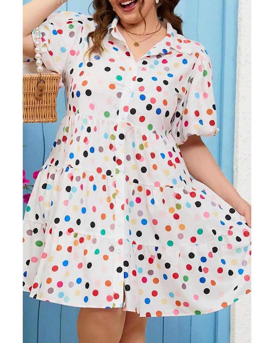 White Polka Dot Print Bubble Sleeve Button Up Plus Size Shirt Dress - 3X
