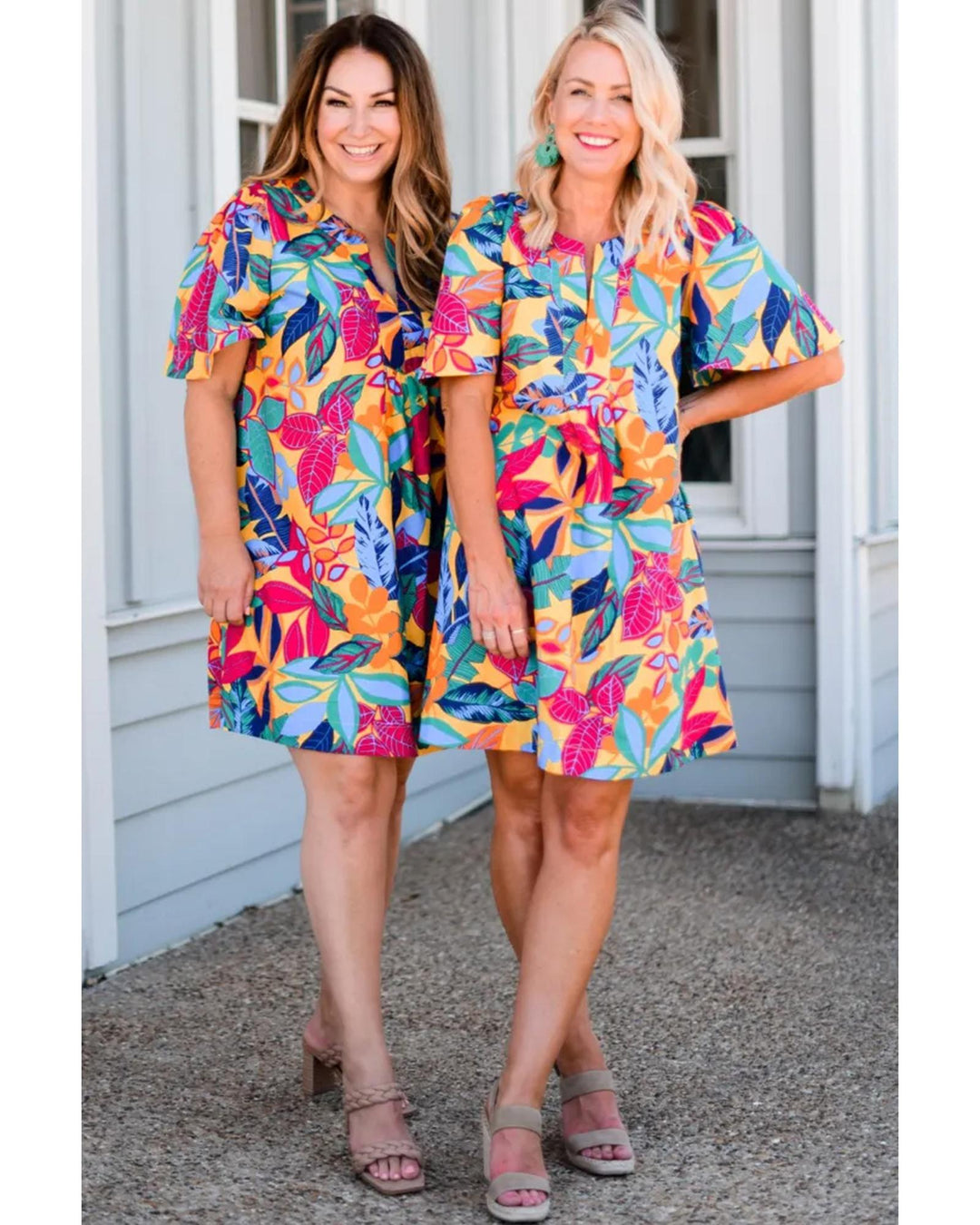 Multicolour Plus Size Leafy Print Split Neck Short Sleeve Shift Dress - 4X
