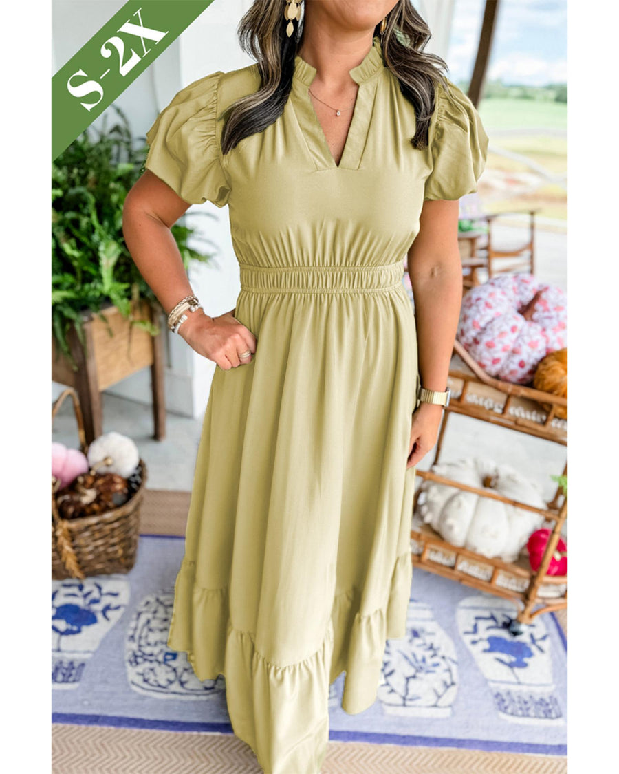 Laurel Green Notched V Neck Puff Sleeve Tiered Plus Size Maxi Dress - 4X