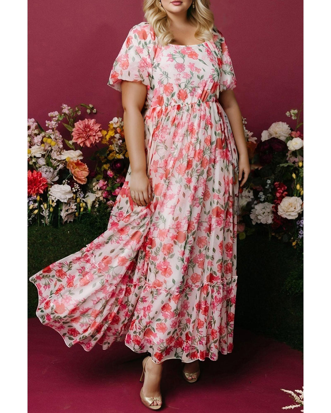 Pink Plus Size Floral Square Neck Puff Sleeve Ruffle Maxi Dress - 4X