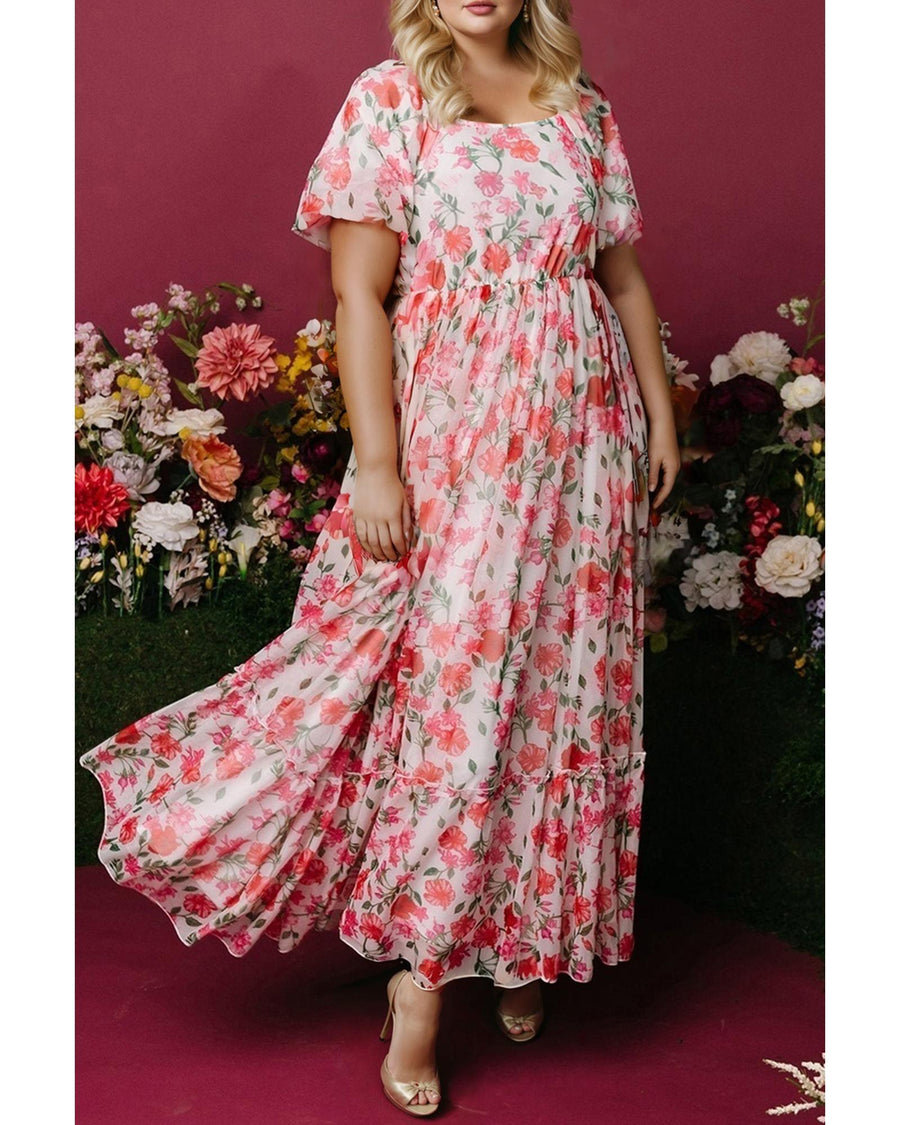 Pink Plus Size Floral Square Neck Puff Sleeve Ruffle Maxi Dress - 4X