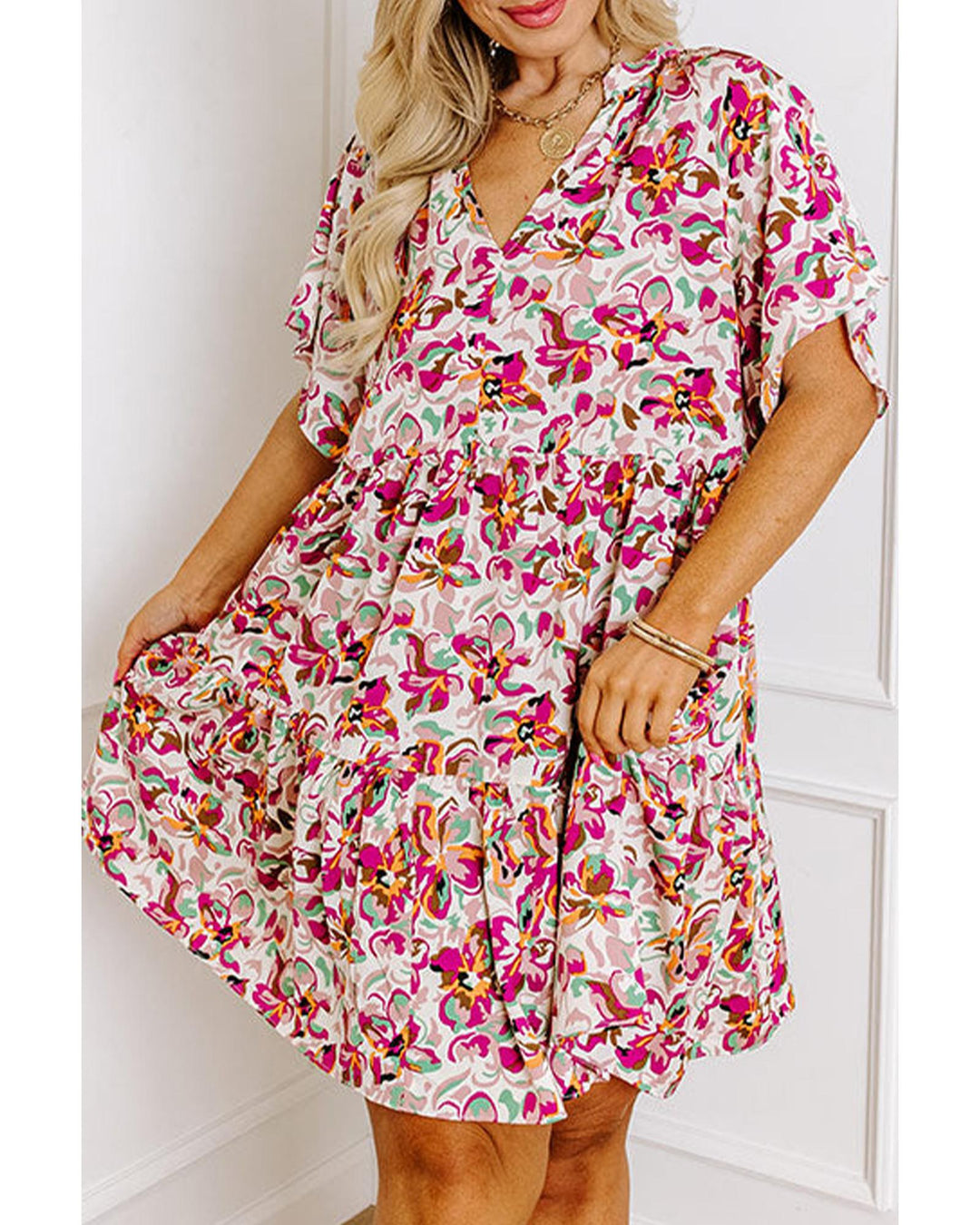 White Abstract Print V Neck Short Sleeve Ruffled Plus Size Mini Dress - 1X