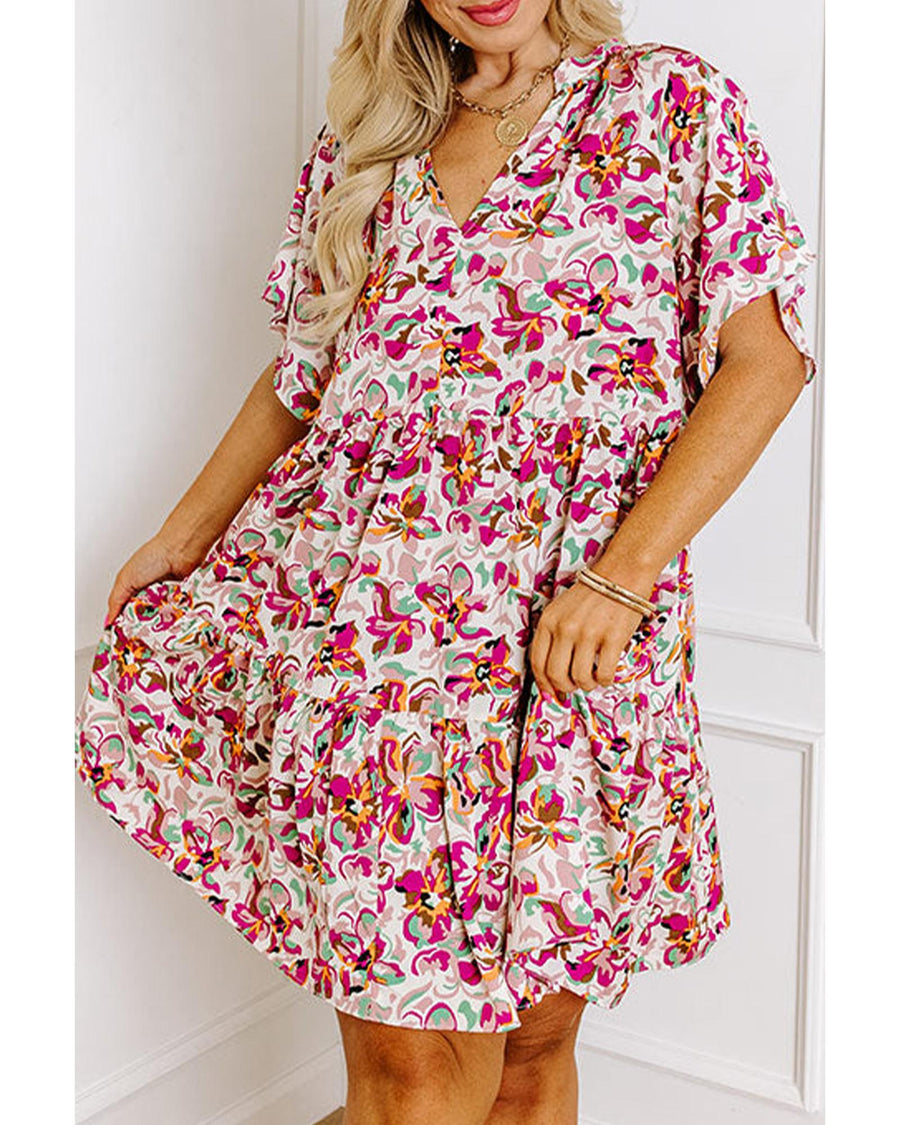 White Abstract Print V Neck Short Sleeve Ruffled Plus Size Mini Dress - 3X